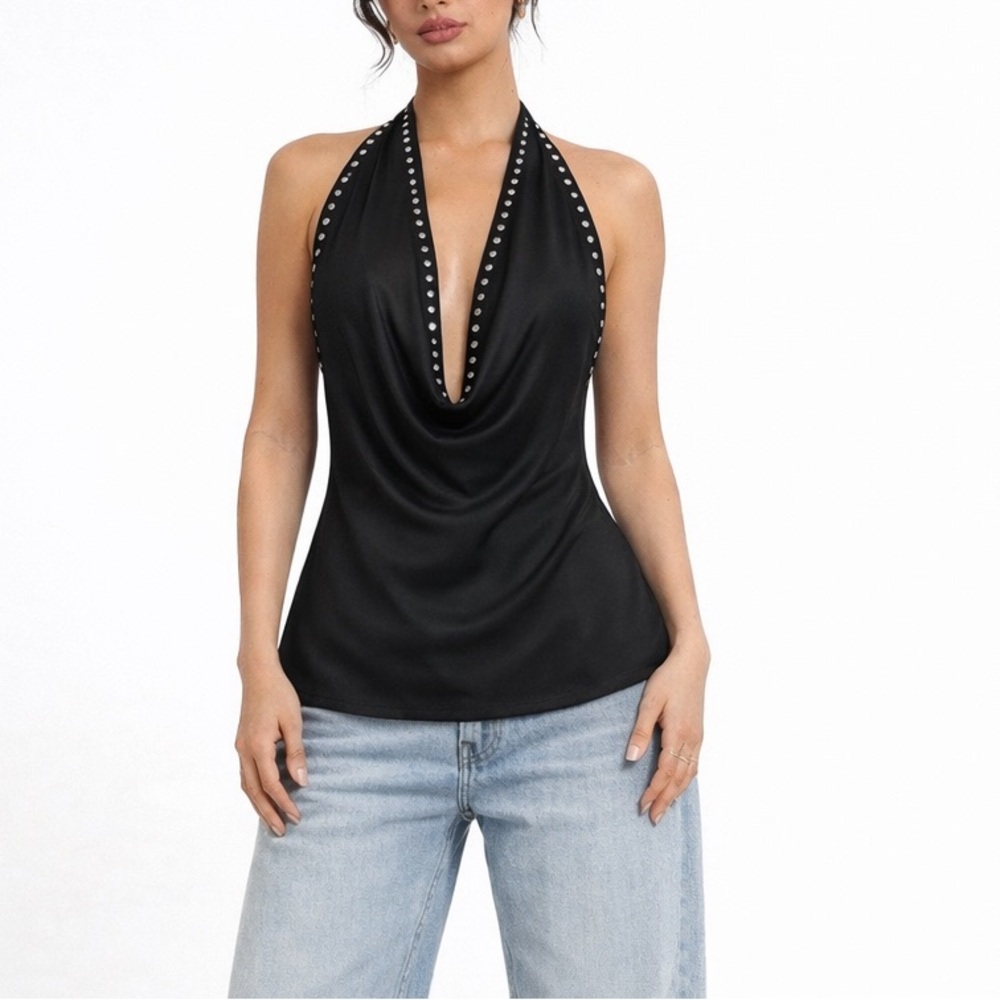 TU.LX Y2K Halter Sheer Neck Drape Top